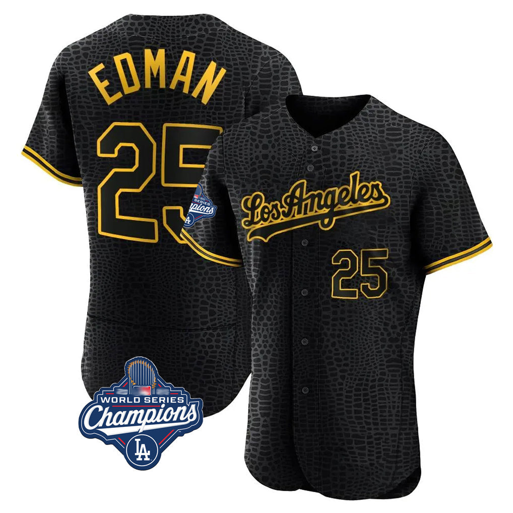 Jamed LA.Dodgers #25 Tommy Edman Player Black World Series Meet Snake Skin City Limited Elite Home Stitched Jerseys