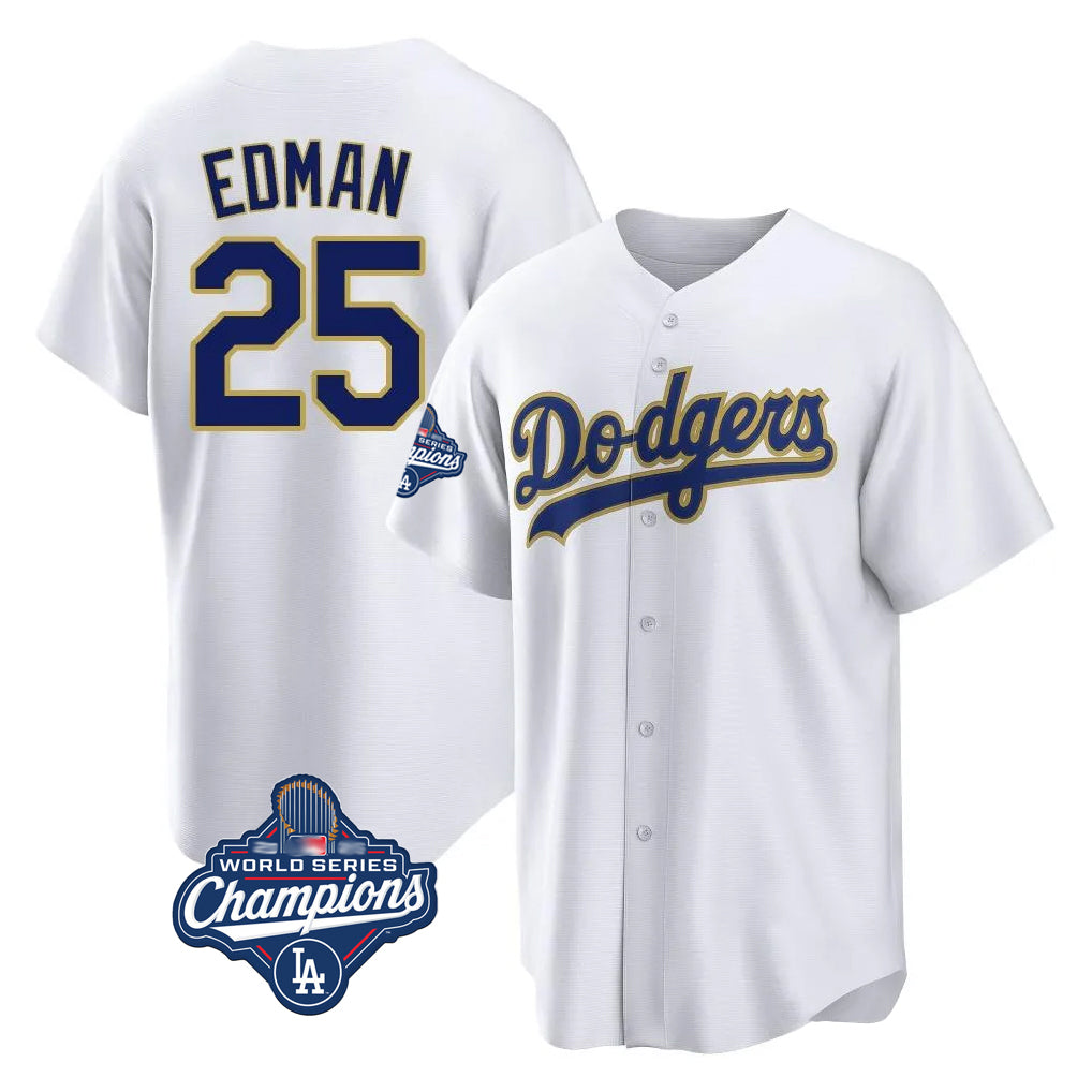 Jamed LA.Dodgers #25 Tommy Edman Player Gold White World Series Meet 2026 Collection Stadium Game Stitched Jerseys