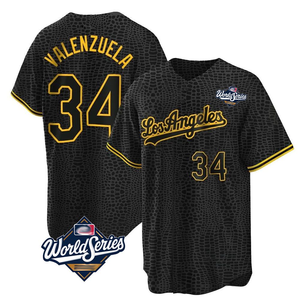 Jamed LA.Dodgers #34 Fernando Valenzuela Player Black World Series Snake Skin City Game Home Stitched Jerseys