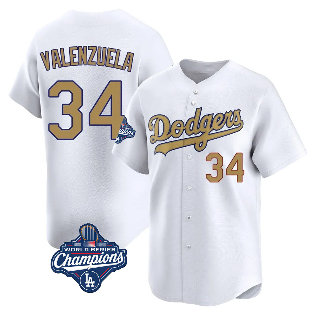 Jamed LA.Dodgers #34 Fernando Valenzuela Player Gold World Series Meet Collection Limited Home Stitched Jerseys