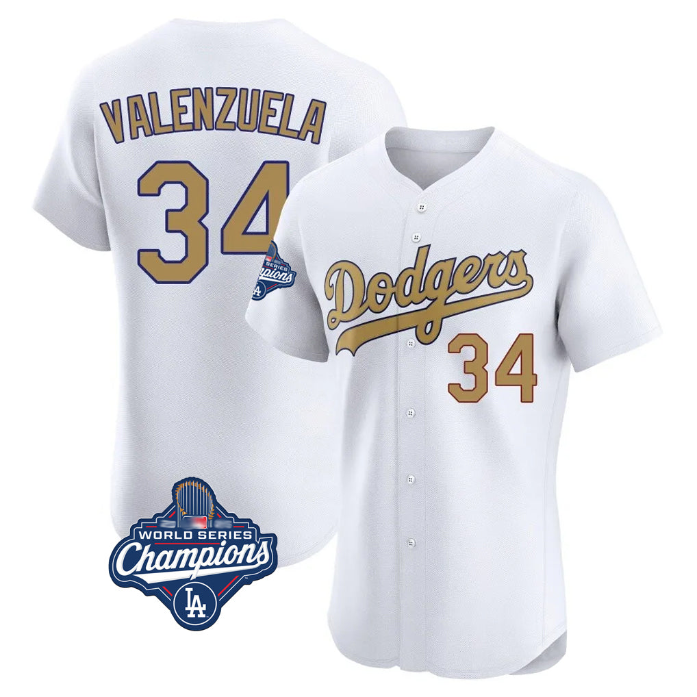 Jamed LA.Dodgers #34 Fernando Valenzuela Player Gold World Series Meet Limited Elite Home Stitched Jerseys