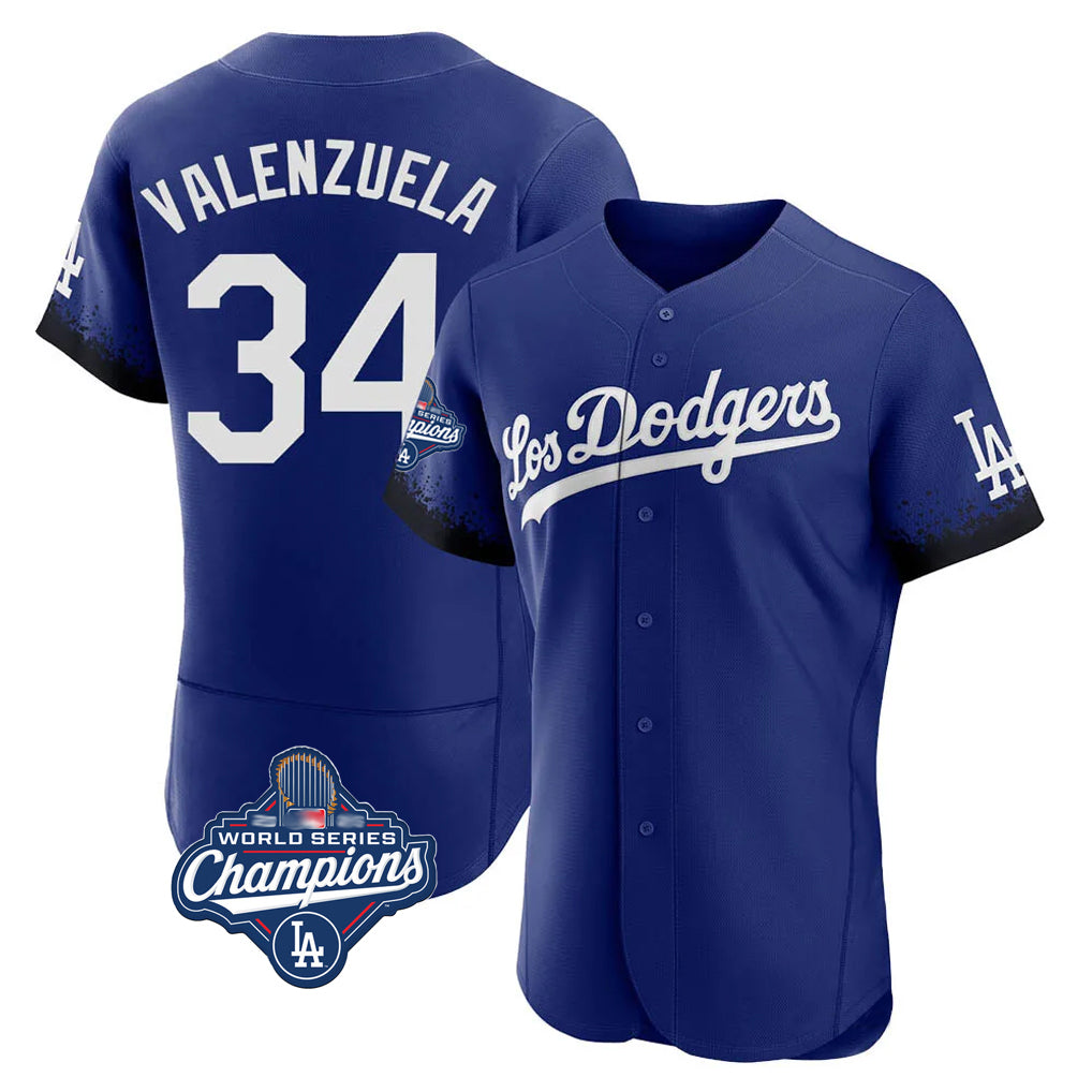 Jamed LA.Dodgers #34 Fernando Valenzuela Player Royal World Series Meet City Connect Elite Home Stitched Jerseys
