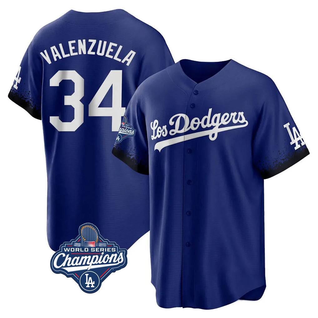 Jamed LA.Dodgers #34 Fernando Valenzuela Player Royal World Series Meet City Connect Home Game Stitched Jerseys