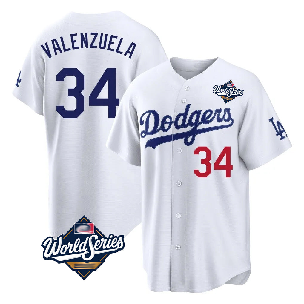Jamed LA.Dodgers #34 Fernando Valenzuela Player White World Series Home Game Stitched Jerseys