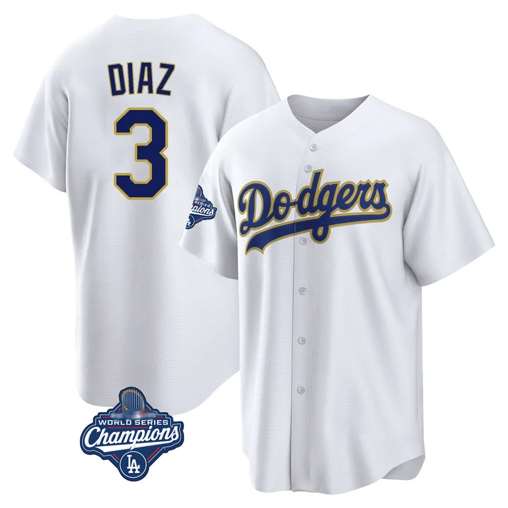 Jamed LA.Dodgers #3 Edwin D¡§aaz Player Gold White World Series Meet 2026 Collection Stadium Game Stitched Jerseys