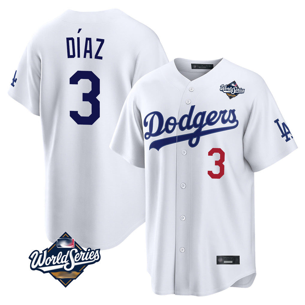 Jamed LA.Dodgers #3 Edwin D¡§aaz Player White World Series Home Game Stitched Jerseys