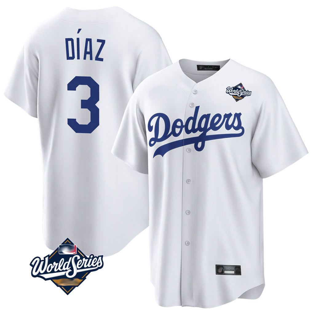 Jamed LA.Dodgers #3 Edwin D¡§aaz Player White World Series Meet Game Home Stitched Jerseys