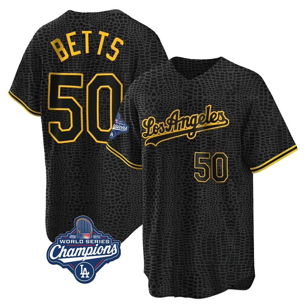 Jamed LA.Dodgers #50 Mookie Betts Player Black Gold World Series Meet Limited Home Stitched Jerseys