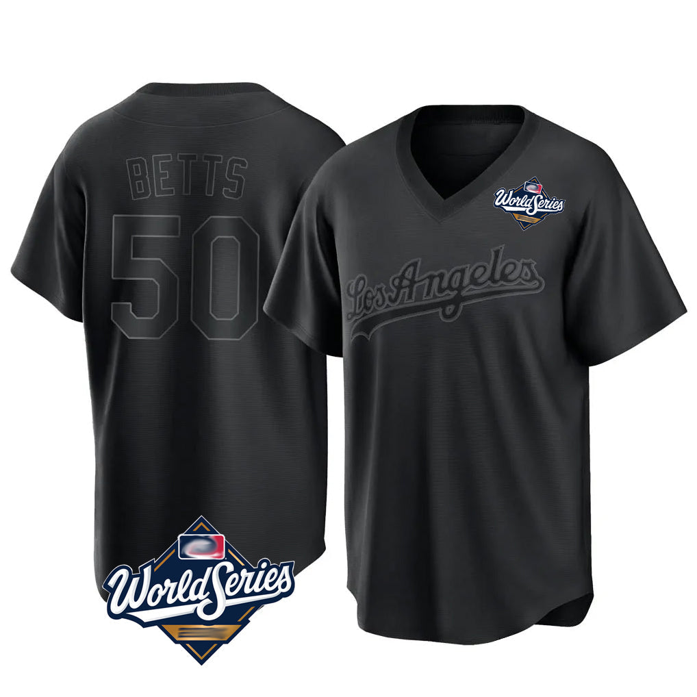 Jamed LA.Dodgers #50 Mookie Betts Player Black World Series Pitch Fashion T-shirt Stitched Jerseys