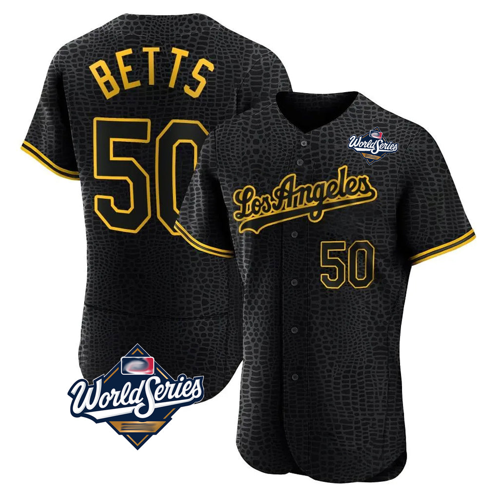 Jamed LA.Dodgers #50 Mookie Betts Player Black World Series Snake Skin City Limited Elite Home Stitched Jerseys