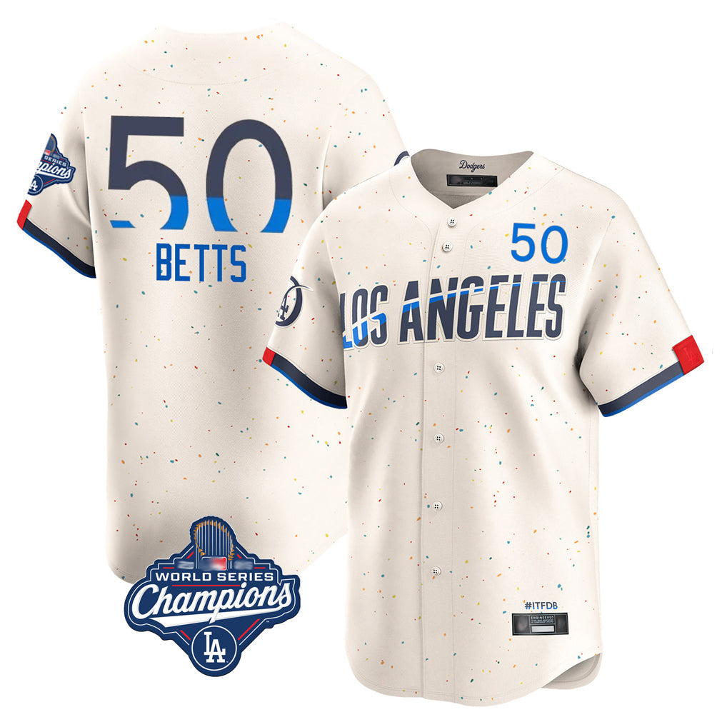 Jamed LA.Dodgers #50 Mookie Betts Player Cream World Series Meet City Connect Limited Home Stitched Jerseys