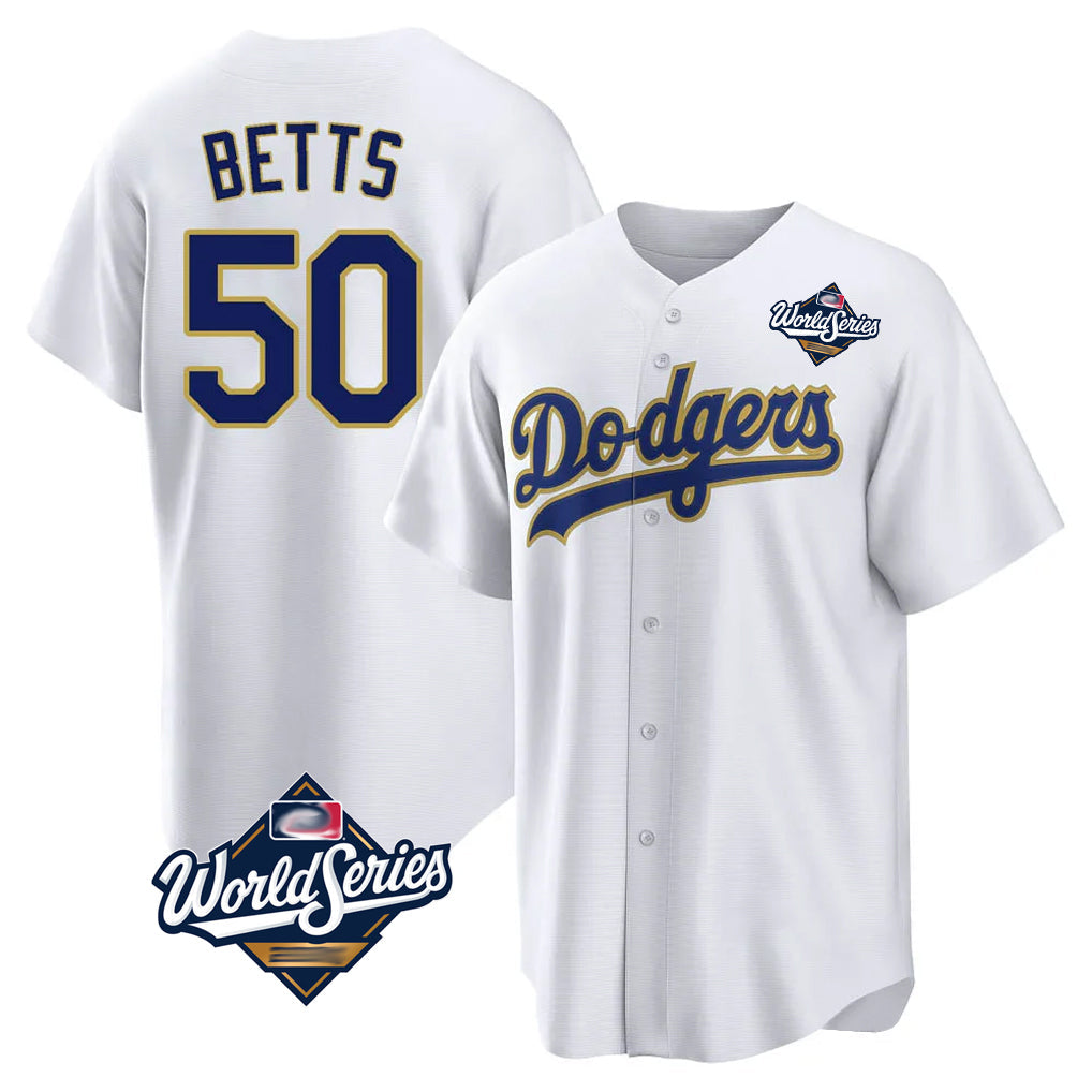 Jamed LA.Dodgers #50 Mookie Betts Player Gold White World Series 2026 Collection Stadium Game Stitched Jerseys