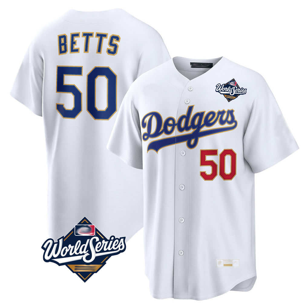 Jamed LA.Dodgers #50 Mookie Betts Player Gold White World Series Collection Limited Home Stitched Jerseys