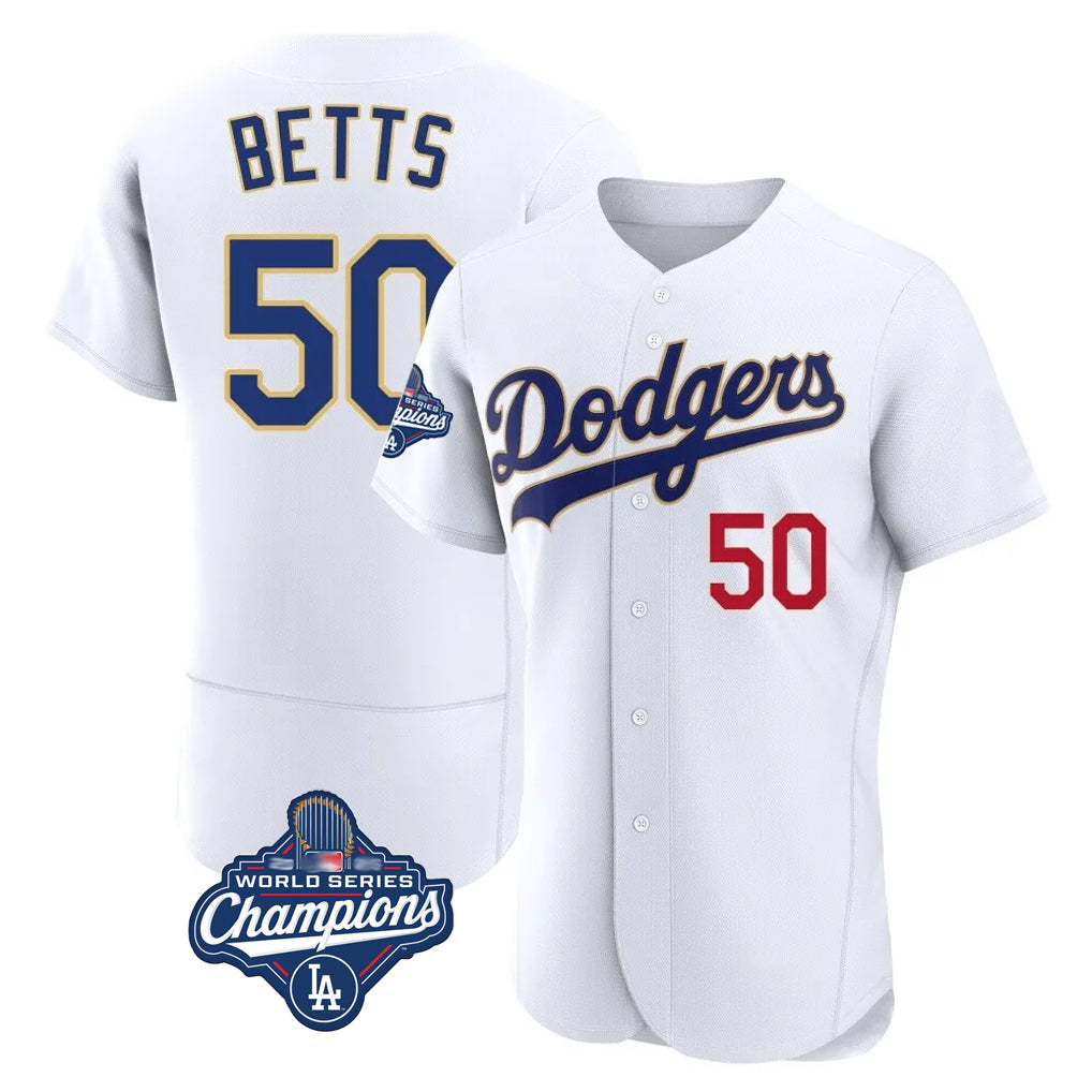 Jamed LA.Dodgers #50 Mookie Betts Player Gold White World Series Meet 2026 Collection Stadium Limited Elite Stitched Jerseys