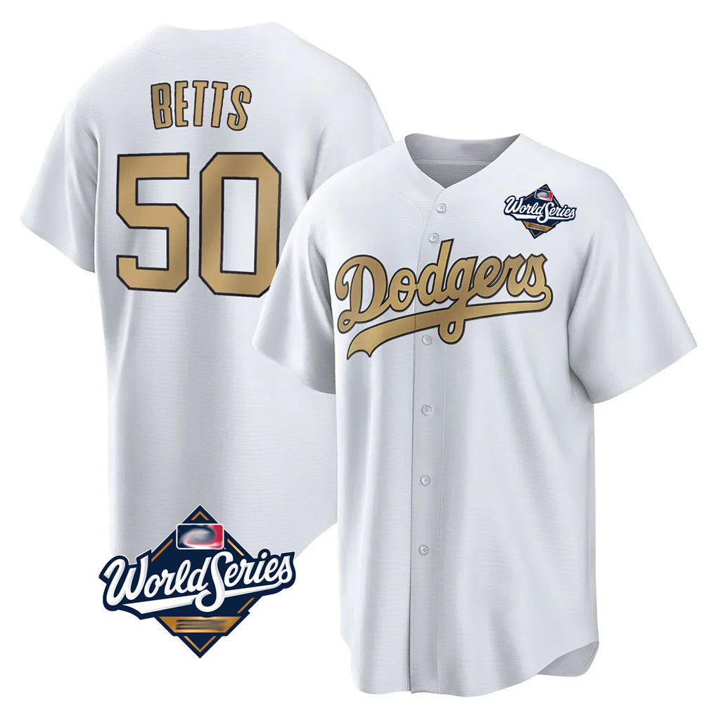 Jamed LA.Dodgers #50 Mookie Betts Player Gold World Series Collection Limited Home Stitched Jerseys