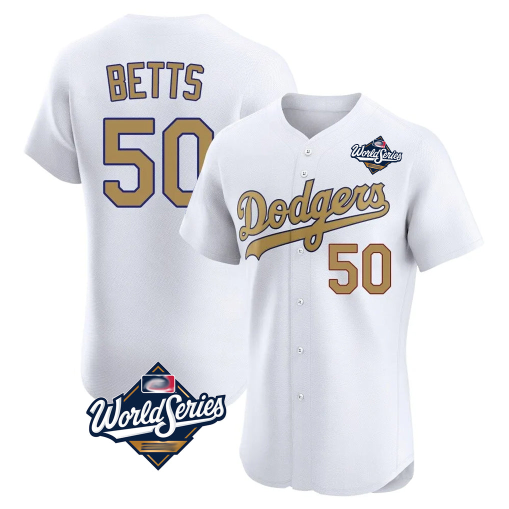 Jamed LA.Dodgers #50 Mookie Betts Player Gold World Series Limited Elite Home Stitched Jerseys