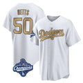 Jamed LA.Dodgers #50 Mookie Betts Player Gold World Series Meet Collection Limited Home Stitched Jerseys