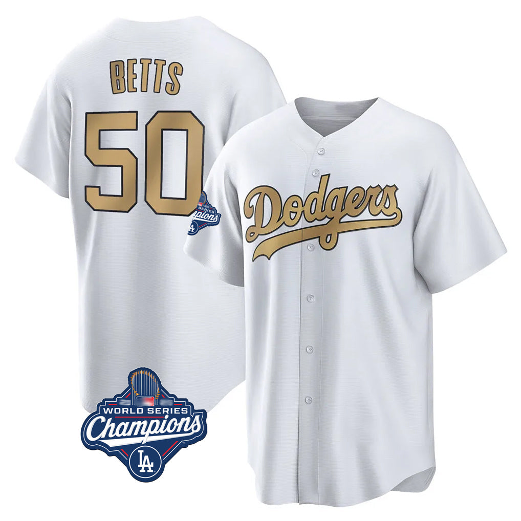 Jamed LA.Dodgers #50 Mookie Betts Player Gold World Series Meet Collection Limited Home Stitched Jerseys