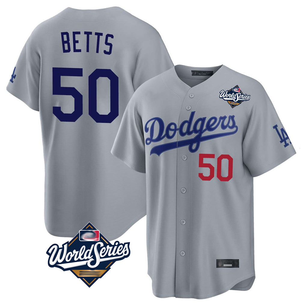 Jamed LA.Dodgers #50 Mookie Betts Player Gray World Series Game Home Stitched Jerseys