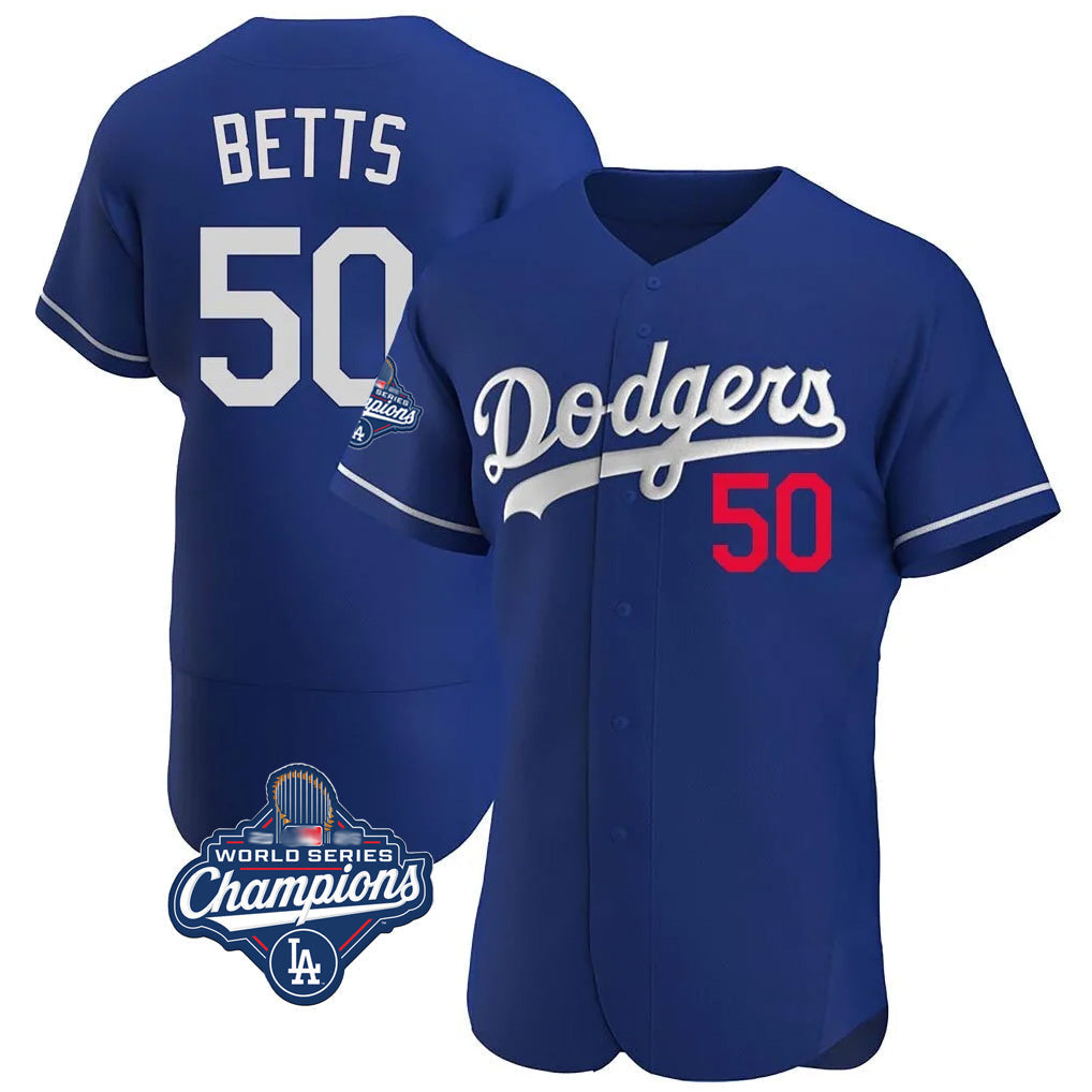 Jamed LA.Dodgers #50 Mookie Betts Player Royal World Series Meet Limited Elite Home Stitched Jerseys