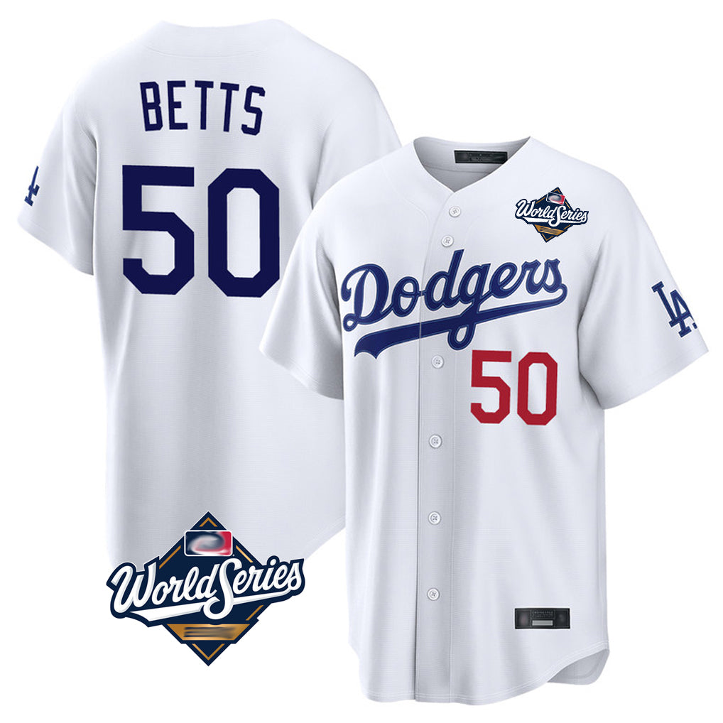 Jamed LA.Dodgers #50 Mookie Betts Player White World Series Home Game Stitched Jerseys