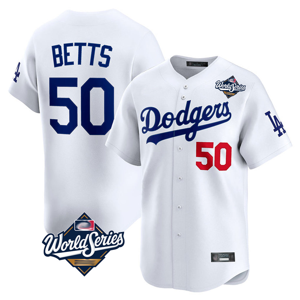 Jamed LA.Dodgers #50 Mookie Betts Player White World Series Limited Home Stitched Jerseys