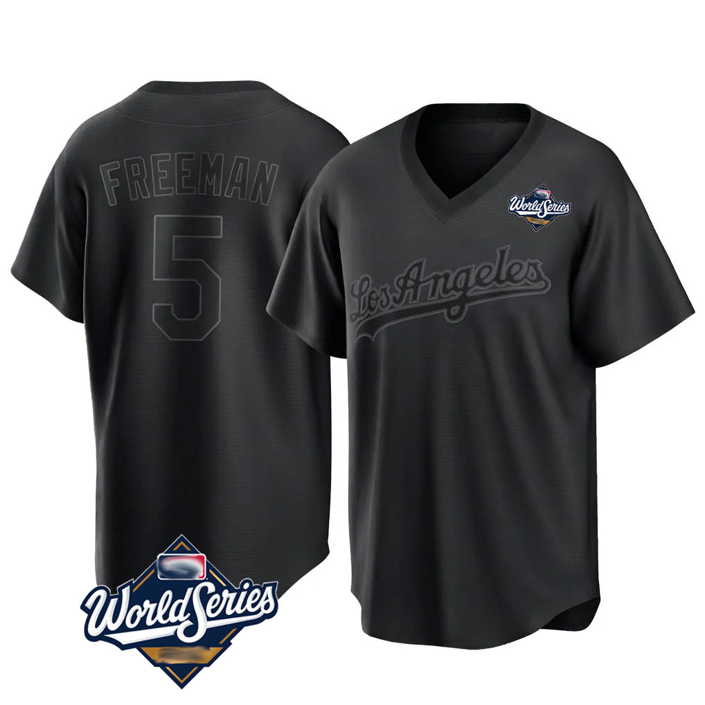 Jamed LA.Dodgers #5 Freddie Freeman Player Black World Series Pitch Fashion T-shirt Stitched Jerseys