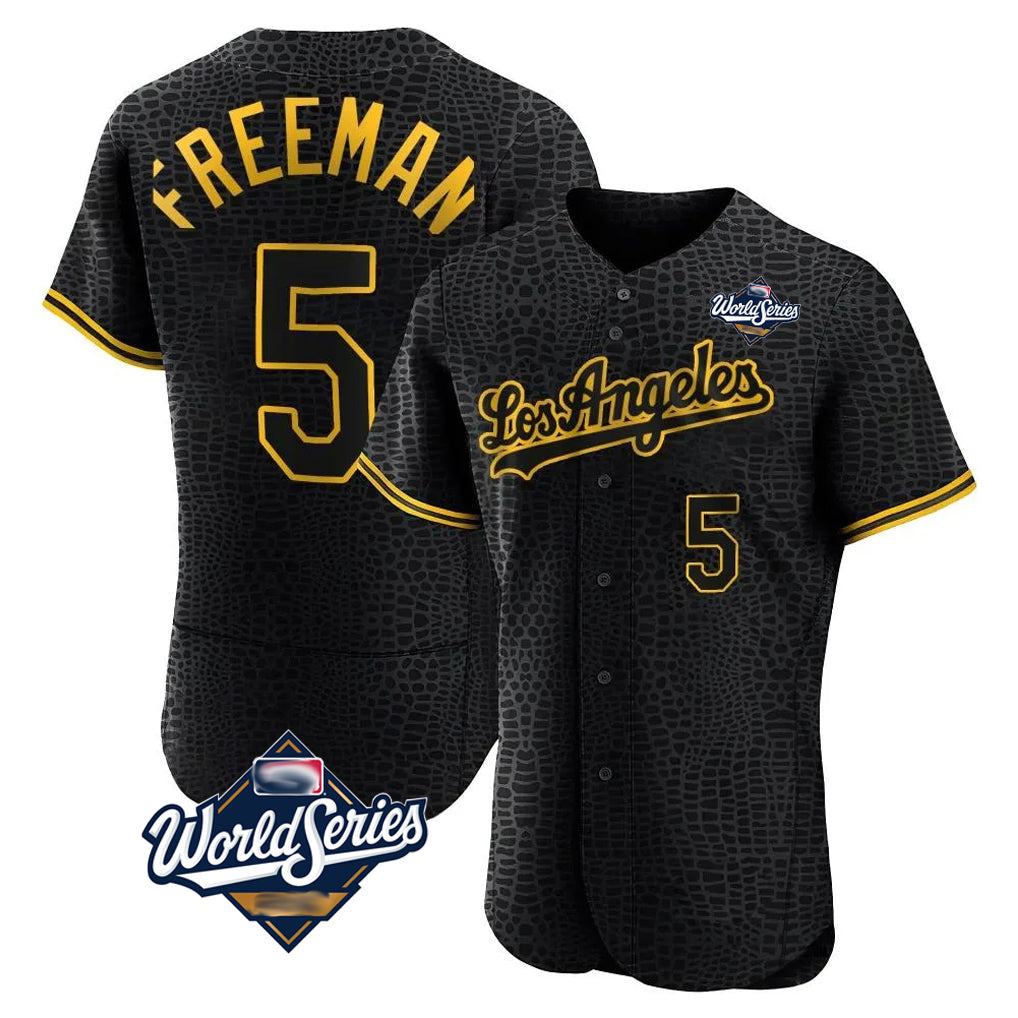 Jamed LA.Dodgers #5 Freddie Freeman Player Black World Series Snake Skin City Limited Elite Home Stitched Jerseys