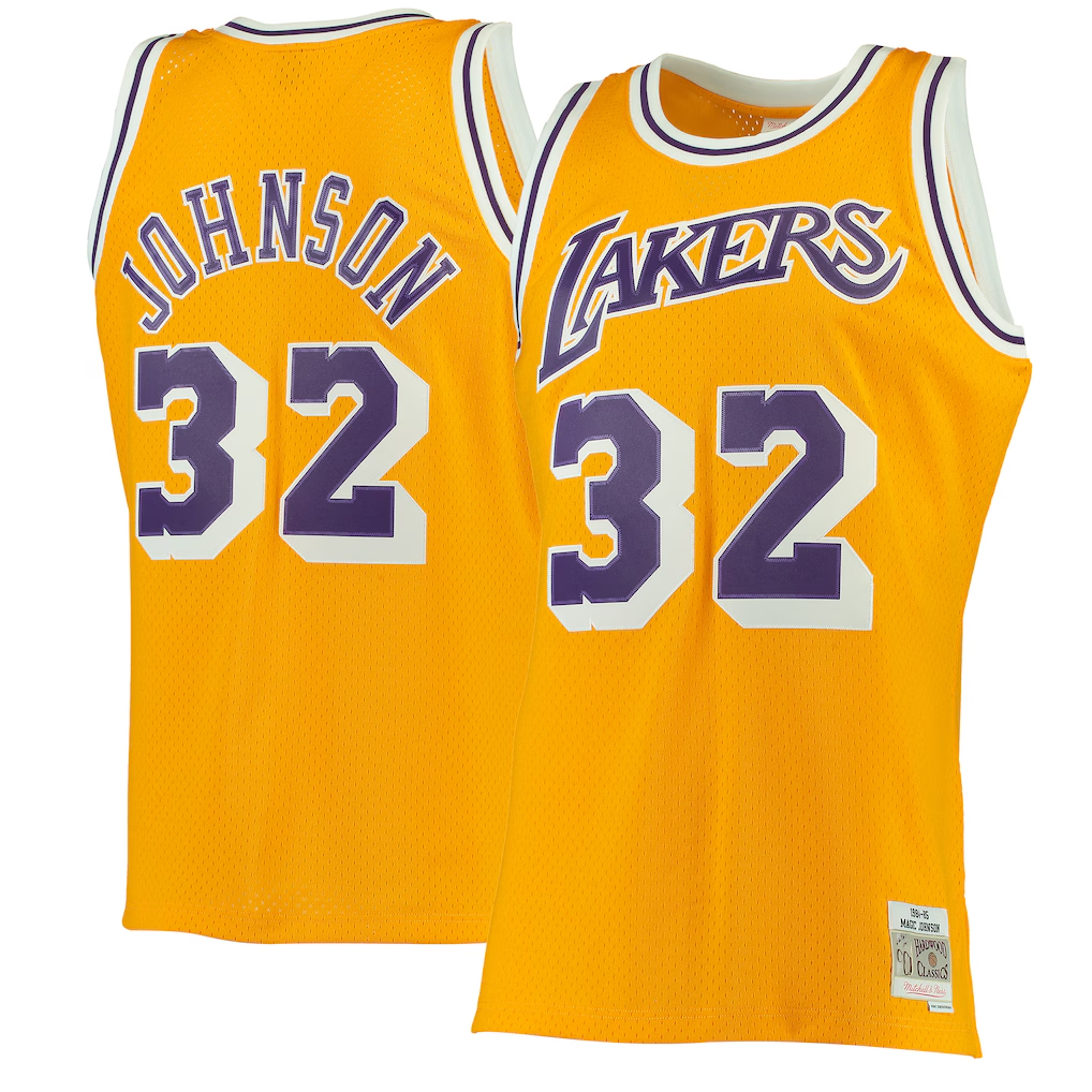 Jamed LA.Lakers #32 Magic Johnson Mitchell & Ness Gold 1984-1985 Hardwood Classics Authentic Jerseys