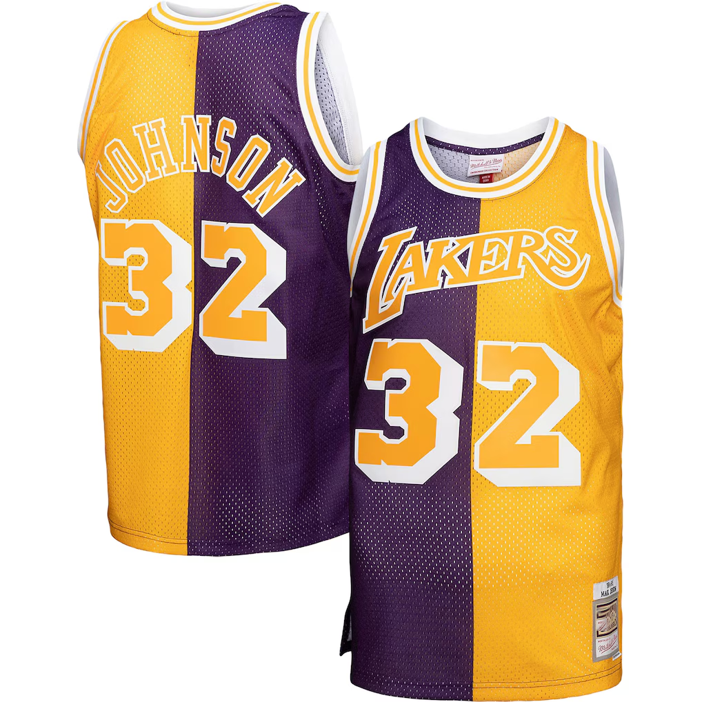 Jamed LA.Lakers #32 Magic Johnson Mitchell & Ness PurpleGold Big & Tall Hardwood Classics 198485 Split Swingman Jerseys