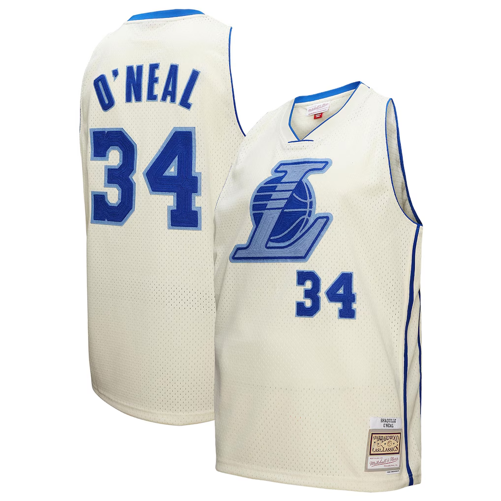 Jamed LA.Lakers #34 Shaquille O'Neal Mitchell & Ness Cream Chainstitch Swingman Jerseys