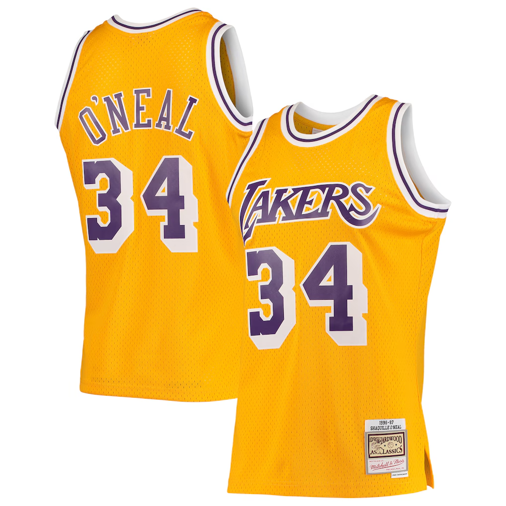 Jamed LA.Lakers #34 Shaquille O'Neal Mitchell & Ness Gold 199697 Hardwood Classics Swingman Jerseys