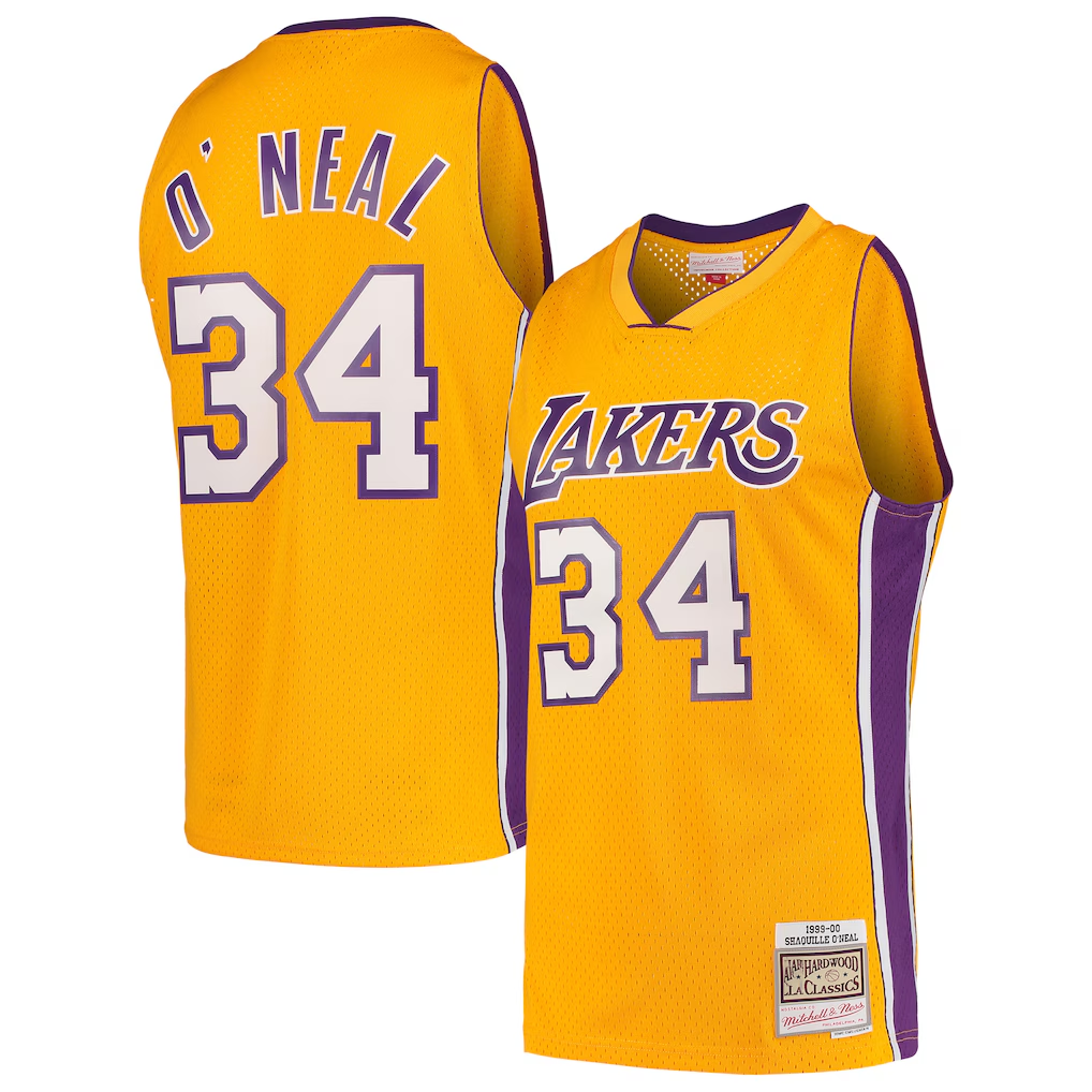 Jamed LA.Lakers #34 Shaquille O'Neal Mitchell & Ness Gold Hardwood Classics Swingman Jerseys