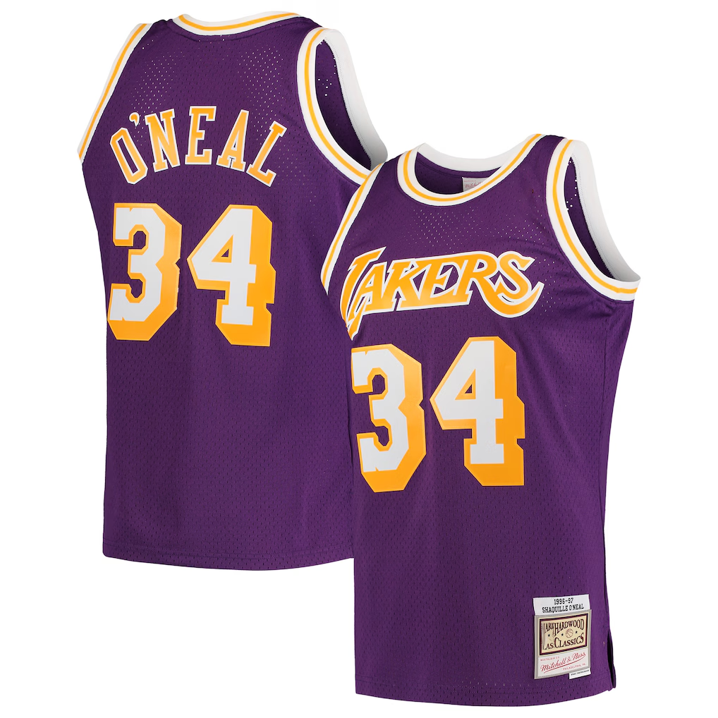 Jamed LA.Lakers #34 Shaquille O'Neal Mitchell & Ness Purple Hardwood Classics Swingman Jerseys