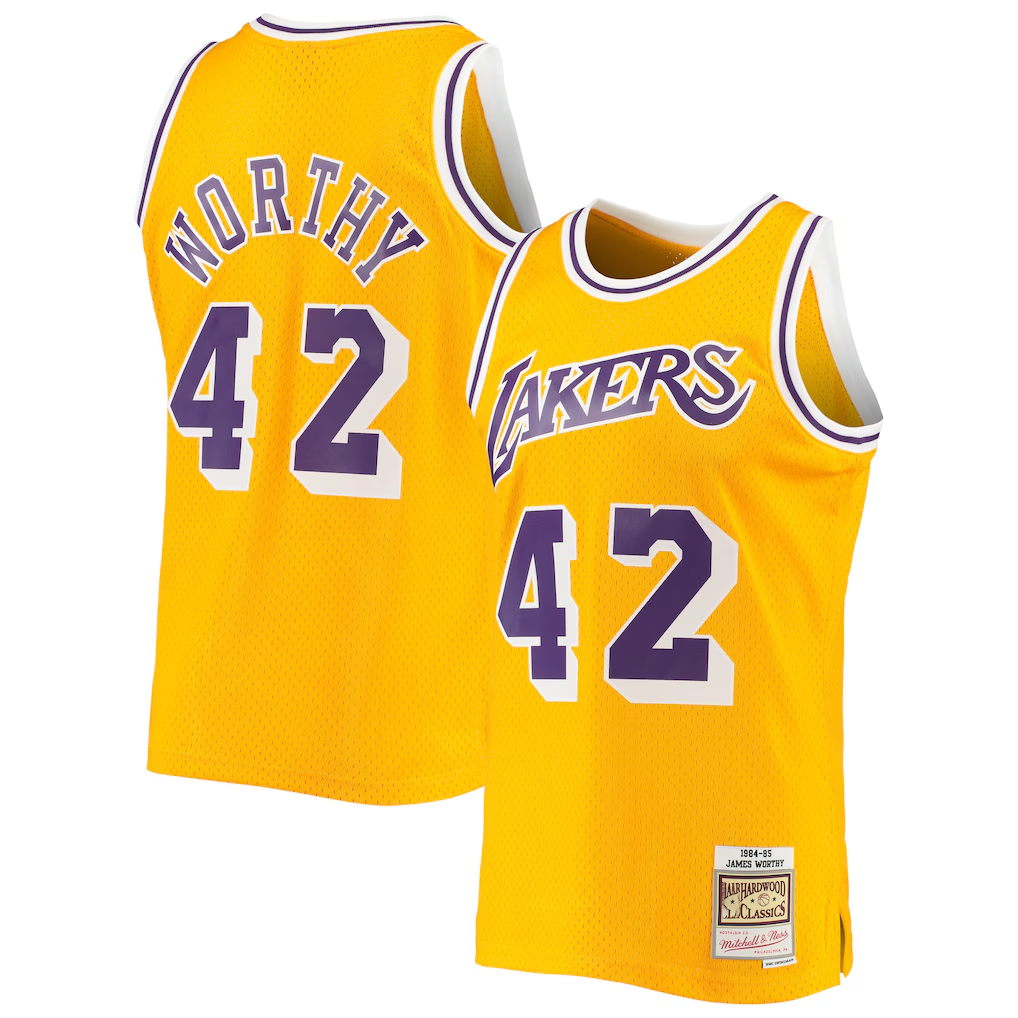 Jamed LA.Lakers #42 James Worthy Mitchell & Ness Gold 1984-1985 Hardwood Classics Swingman Stitched Jerseys