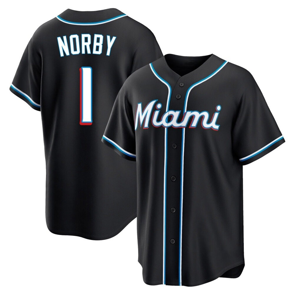 Jamed M.Marlins #1 Connor Norby Player Black Fashion Out Home Game Stitched Jerseys