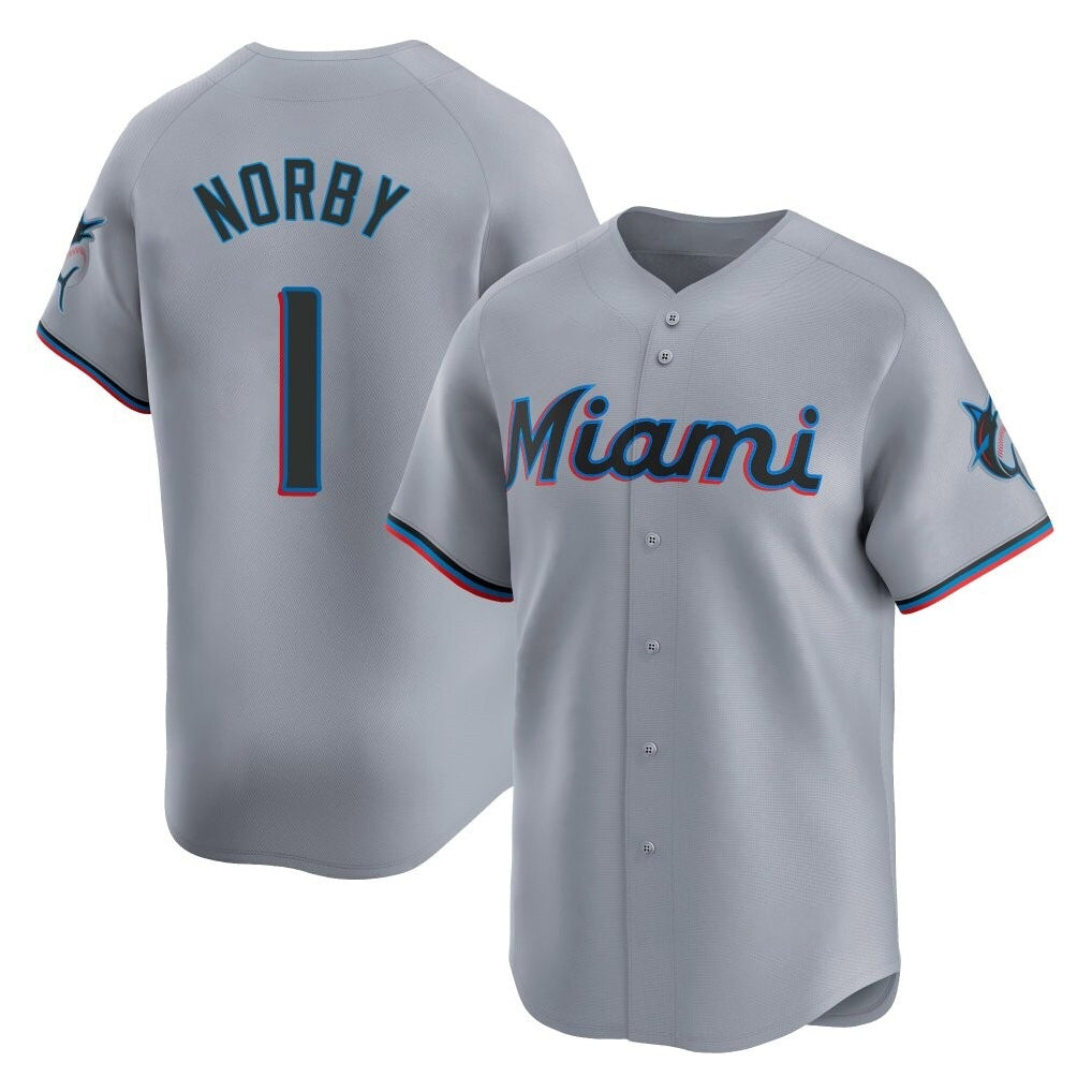 Jamed M.Marlins #1 Connor Norby Player Gray Home Limited Stitched Jerseys