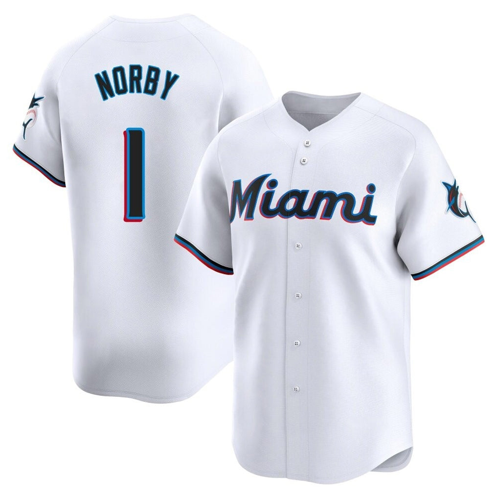 Jamed M.Marlins #1 Connor Norby Player White Home Limited Stitched Jerseys