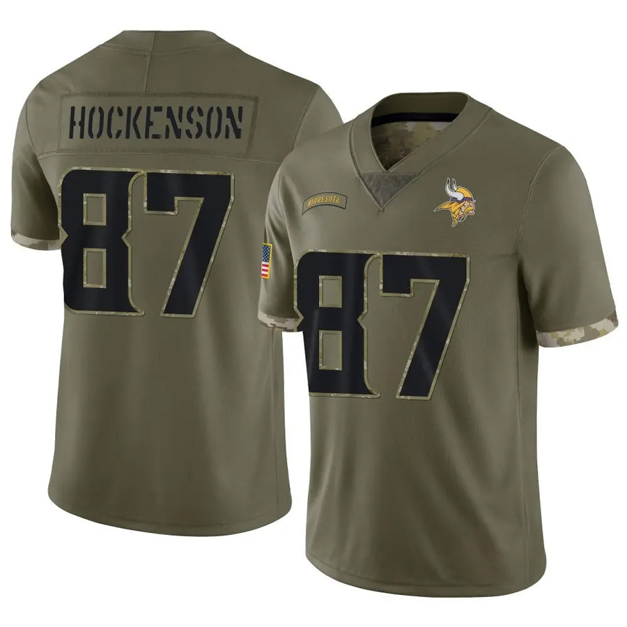 Jamed MN.Vikings #87 T.J. Hockenson Player Salute To Service Limited Olive Stitched Jerseys