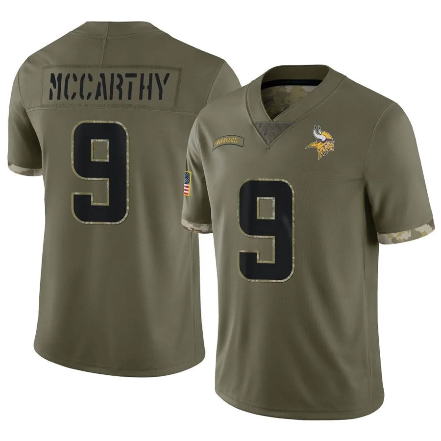 Jamed MN.Vikings #9 J.J. McCarthy Player Salute To Service Limited Olive Stitched Jerseys