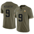 Jamed MN.Vikings #9 J.J. McCarthy Player Salute To Service Limited Olive Stitched Jerseys