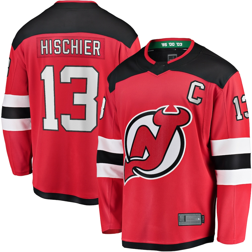 Jamed N.Jersey Devils #13 Nico Hischier Red Captain Patch Home Breakaway Jerseys