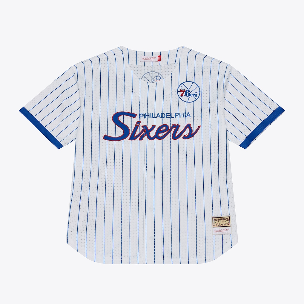 Jamed P.76ers Mitchell & Ness White Head Coach Pinstripe Mesh Full-Button Baseball Jerseys