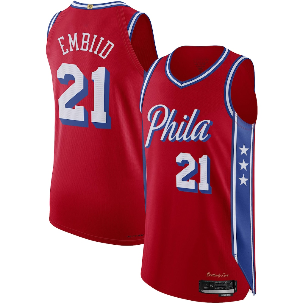 Jamed P.76ers #21 Joel Embiid Jordan Brand Red Authentic Player Jerseys - Statement Edition