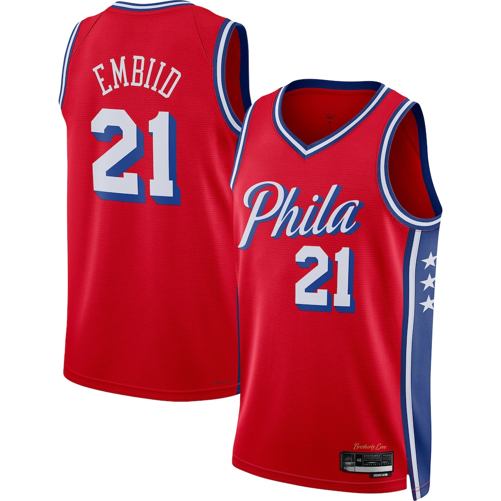 Jamed P.76ers #21 Joel Embiid Jordan Brand Red Swingman Jerseys - Statement Edition