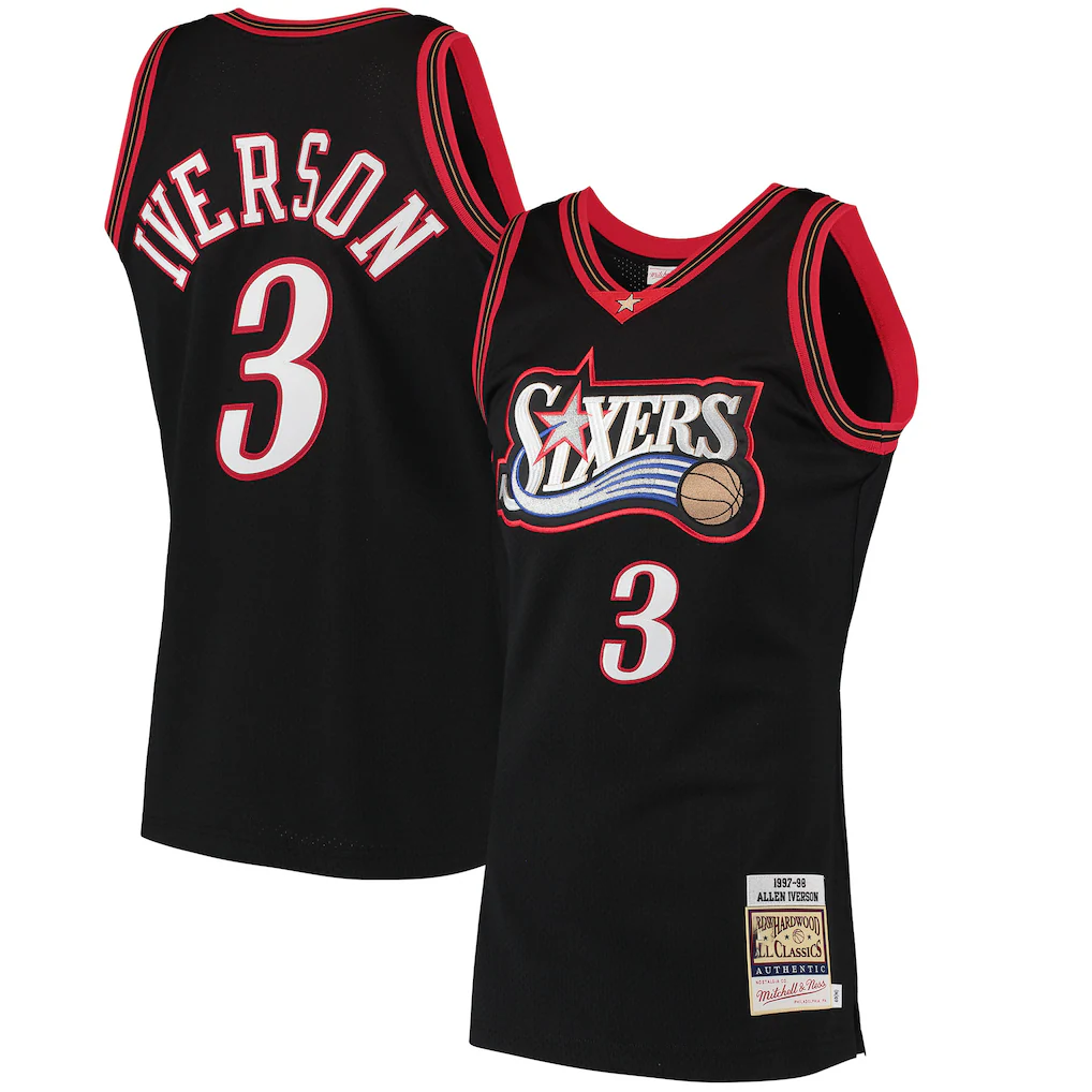 Jamed P.76ers #3 Allen Iverson Mitchell & Ness Black 1997-98 Hardwood Classics Authentic Jerseys
