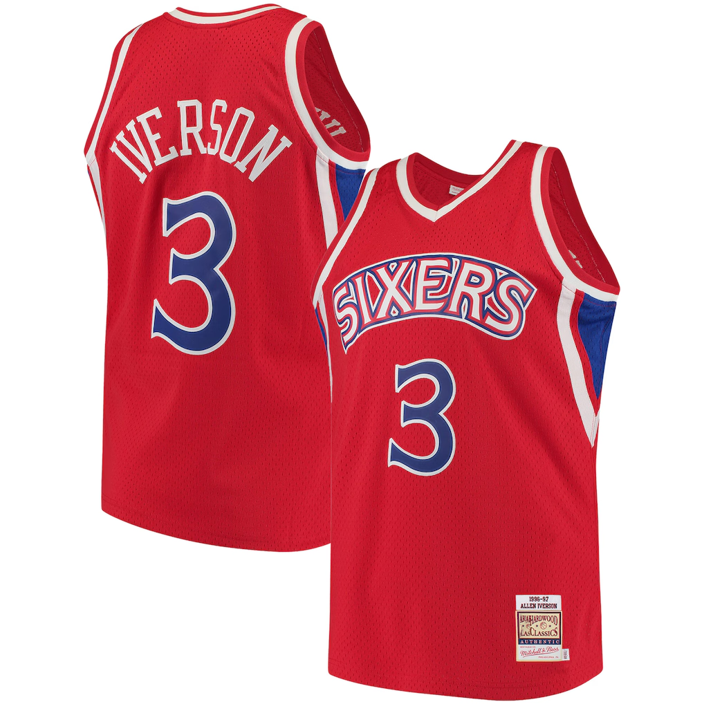 Jamed P.76ers #3 Allen Iverson Mitchell & Ness Red 199697 Hardwood Classics Authentic Jerseys