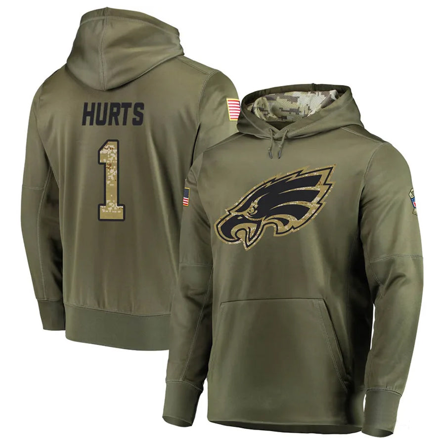 Jamed P.Eagles #1 Jalen Hurts Player Military Hoodie Salute To Service Olive Stitched Jerseys