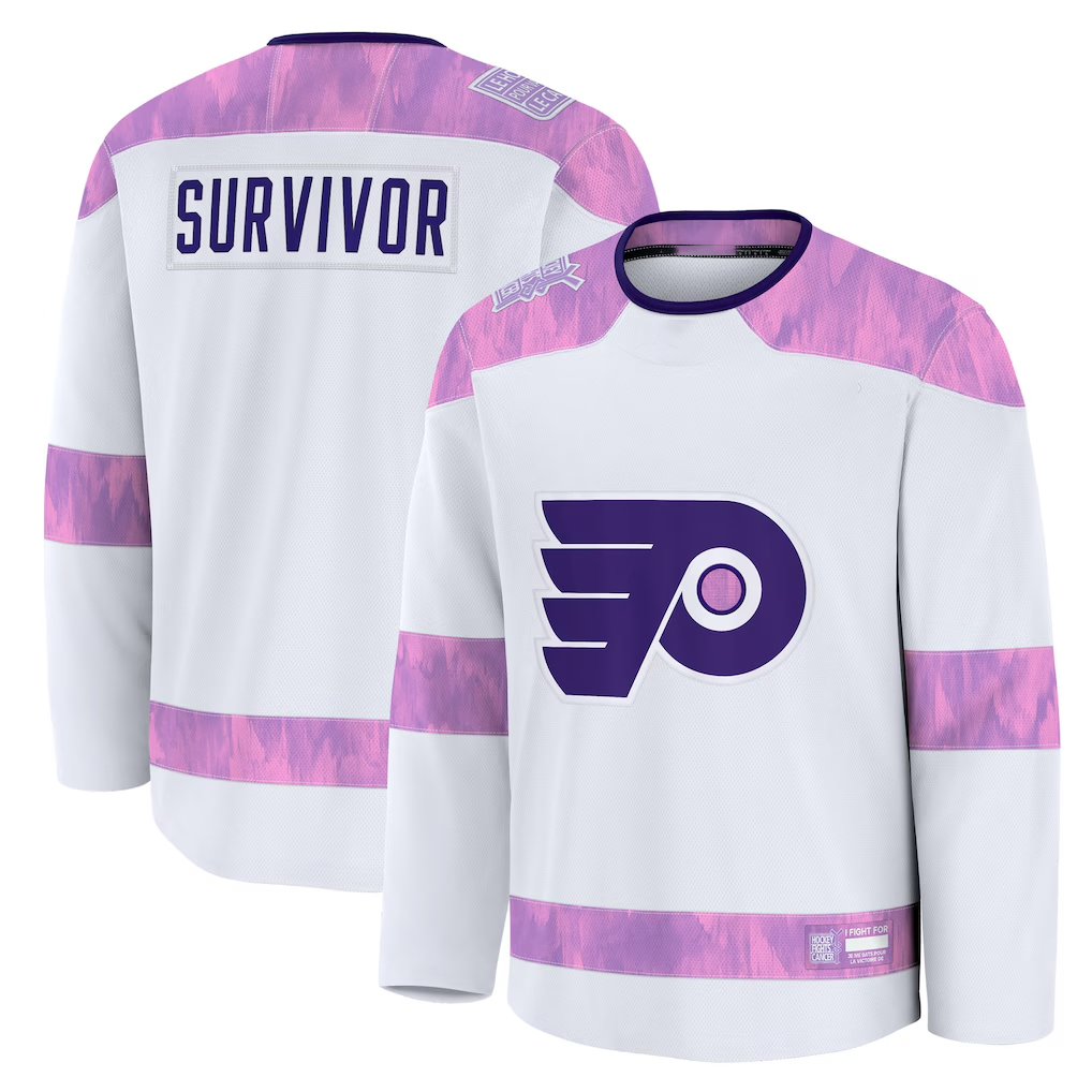Jamed P.Flyers White Hockey Fights Cancer Deslauriers Practice Jerseys