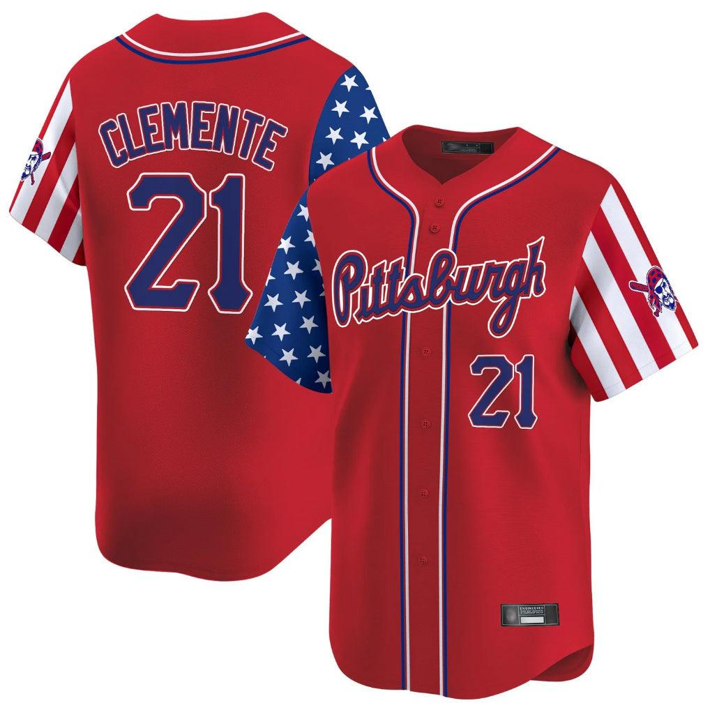 Jamed P.Pirates #21 Roberto Clemente Player Red 2025 Independence Day Vapor Premier Limited Stitched Jerseys